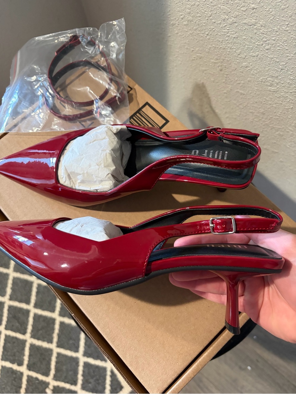 IDIFU Cherry Red Patent Pointed Slingback Heels